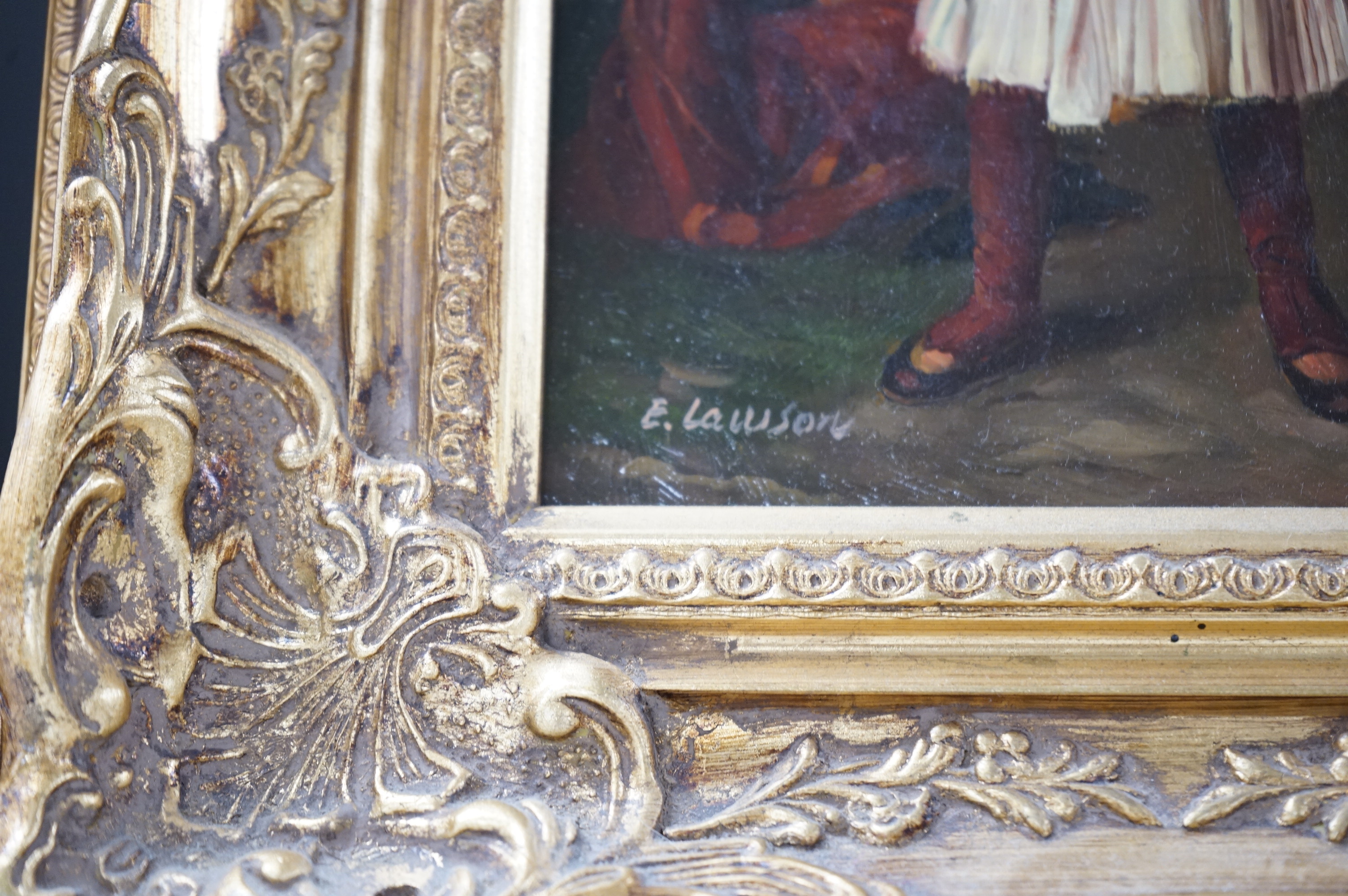 E. Lawson, oil on panel, Arab warrior and hound standing before a tent, signed, 24 x 19cm, ornate gilt frame